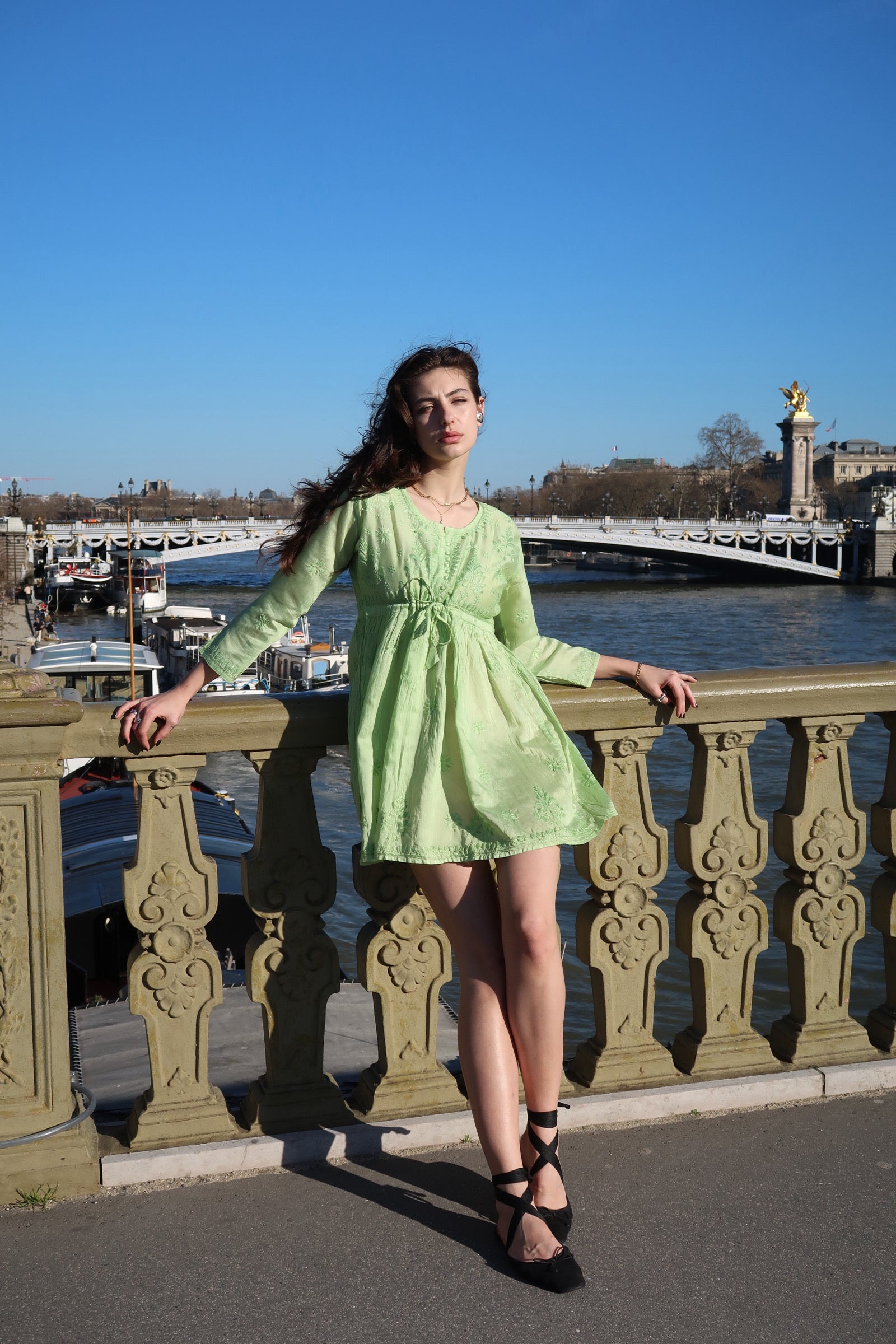 Verte Chikankari Chanderi Dress in Green